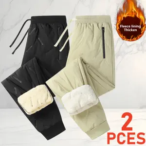 2pcs New Thicken Three layer Fleece Cotton Pants Men's Casual Winter Windproof Warm Sports Trousers with Elastic Ankle Cuffs Design for Daily Outings Split Side Fleece Fabric warm winter pant