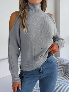 Autumn Winter Casual Off-Shoulder High Neck Hollow Out Long Sleeve Knitted Pullover Sweater, Women's Fashion Warm Elegant Jumper Top for Daily Wear