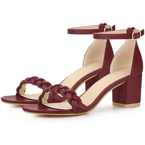 BLISSFUL STEP Chunky Heels Ankle Strap Braided Heel Sandals