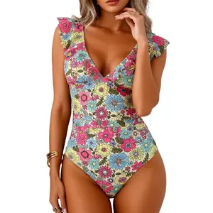 Floral Print Ruffled One-Piece Swimsuit, V-Neck Tummy Control Slimming Bathing Suit, Retro Flower Pattern Swimwear with Ruffle Shoulder for Women Beach Vacation