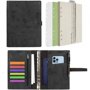 Leather Journal Refillable Binder A5 Writing Notebook Folder Organiser with Dotted Paper & Multi Pockets Cover for Business School Travel (A5, Black)