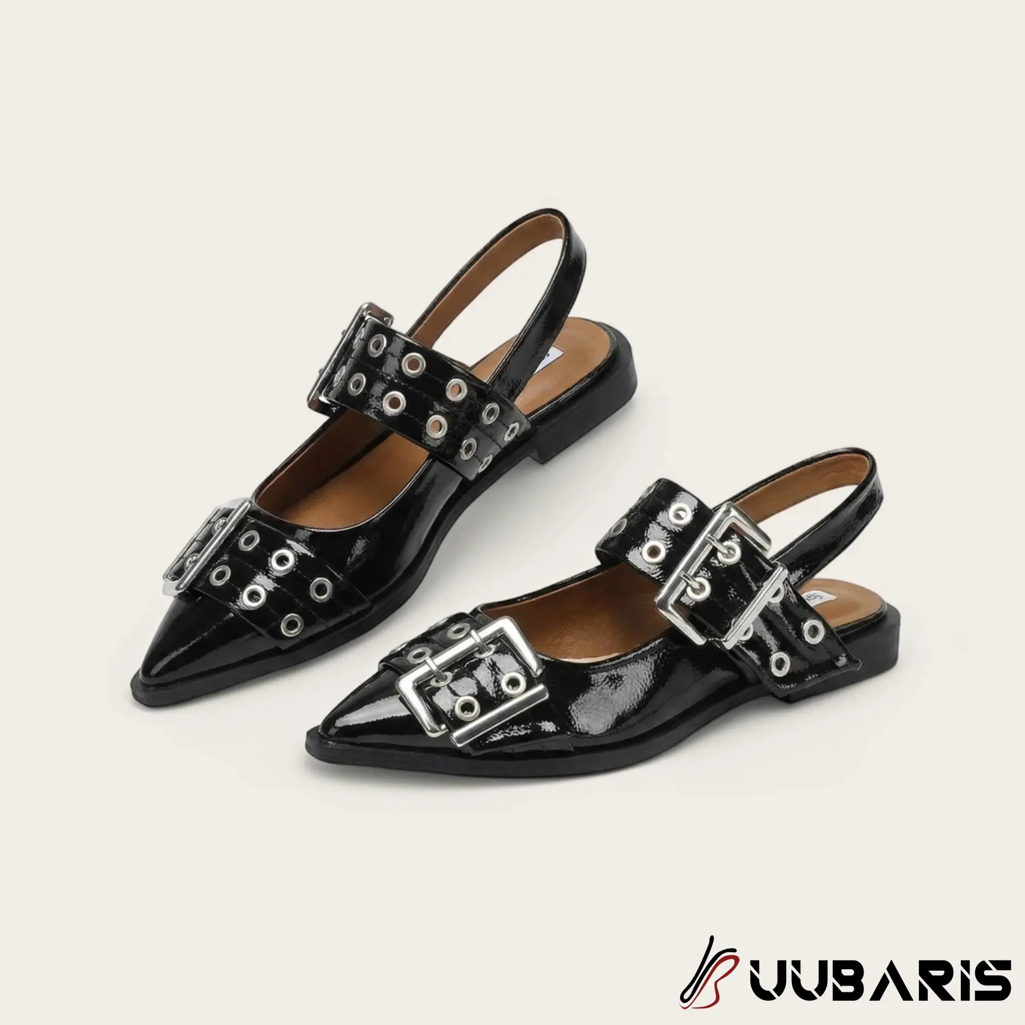 UUBARIS Punk Buckle Slingback Flats - Pointed Toe Patent Leather Shoes for Edgy Looks , buckle mary jane flats