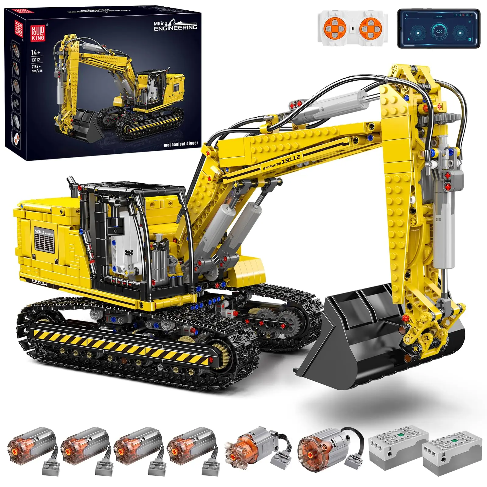 Mould King 13112 Upgraded RC Excavator Building Set - 2169+ Pieces Model Kit with Motor, Dual Control Modes, Efficient Power Design, Immersive Construction Play, Exquisite Gift Box Packaging, STEM Engineering Toy for Boys, Thanksgiving, Children's Day, 12