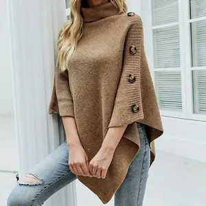 Autumn Winter Shawl Cape Sweater Solid Color High Neck Elegant Temperament Knitted Cardigan Coat Women