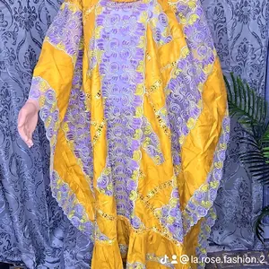 Bazin Grand Bubu Dress - Yellow and Purple Color Block Design with Long Sleeves and Flowing Silhouette