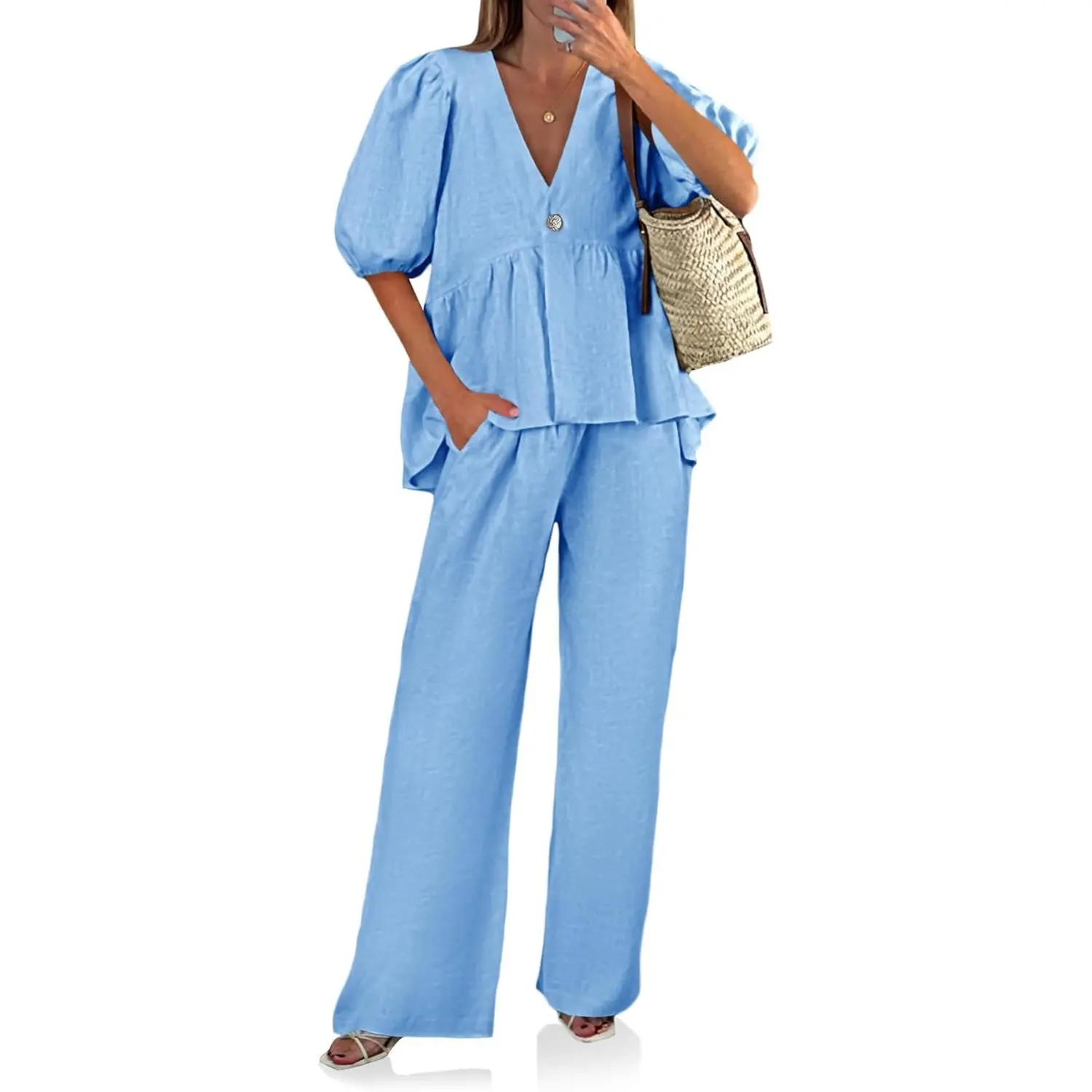 Women's 2-Piece Cotton Linen Casual Matching Set - V-Neck Puff Sleeve Babydoll Top with Pockets, Wide Leg Pants, Summer Day Dressy Loungewear, 2 Piece Sets, Matching Sets For Women