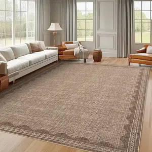 GARVEE Washable 9x12 Low Pile Rug with Non-Slip Backing, Lightweight and Foldable Floor Mat for Living Room, Modern Woven Border Indoor Throw Carpet in Coffee Color