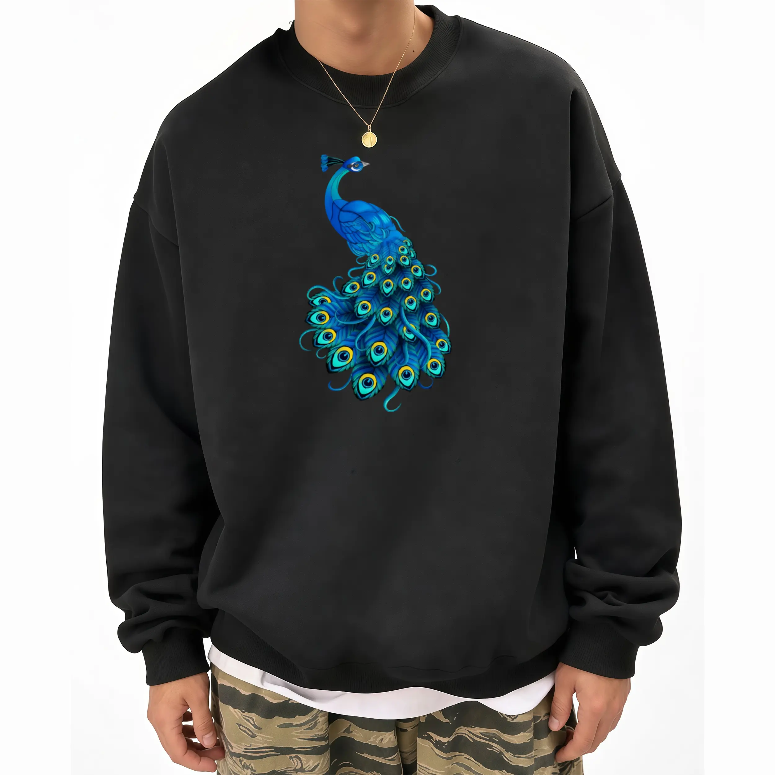 T-Shirt for Bird Enthusiasts Featuring a Blue Peacock Design with Teal Feathers for Men