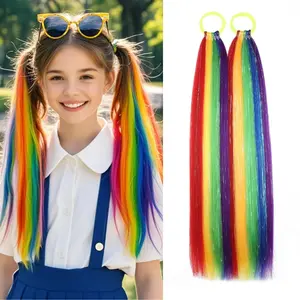 Rainbow Ponytail Extensions, Ponytail Hair Tinsel Extension with Tie Girls Accessories for Daily Party Festival Use Halloween Wacky Hair Braiding for Women Ponytail Hair Pieces 2 count/lot