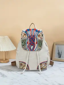 Bohemian Ethnic Style Handwoven Flower Bud Backpack, Large Capacity Zipper Drawstring Bag, Random Cut, Multi-Pocket Design