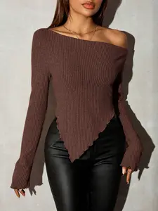 Women's Asymmetrical Neck Ribbed Knit Plain Shoulderless Sexy T-Shirt, Fall Casual Outerwear, Stylish Ladies' Top for Daily Wear
