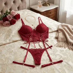 Women's 4 Piece Garter Lingerie Set Floral Lace Bra and Panty with Underwire - Sexy Comfortable Push Up Underwear for Special Occasions Daily Wear S-XXL Size Range Available