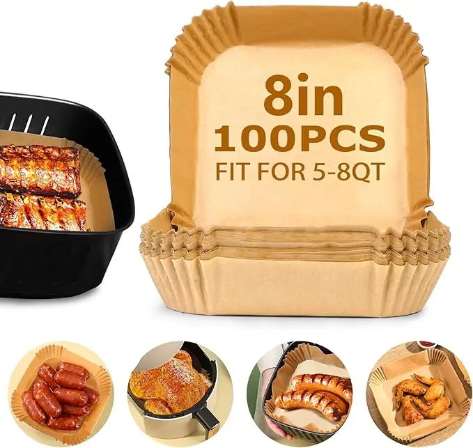 Air Fryer Paper Liners 20.32 cm, 100 Sheets Non-Stick Parchment Paper, Oil-Resistant, Single-Use Food-Grade Unbleached Paper Square Suitable for 5-8 Quart Air Fryers, Ovens, and Microwaves