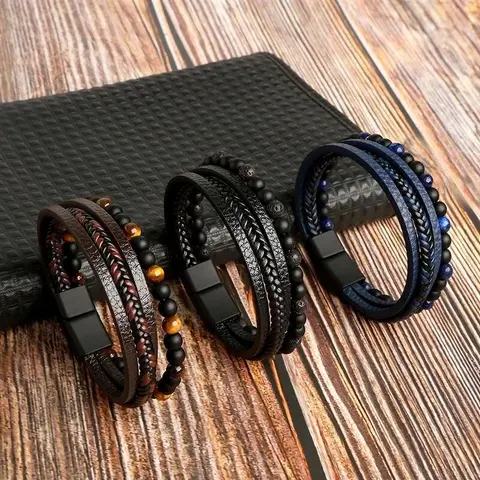 Men's 3pcs High Quality Exquisite Leather Bracelets - 2cm Width Classic Multi-Layer Gemstone Jewelry with Tiger Eye, Lapis Lazuli Beads, Wrap-Fit Luggage & Bag Charm Twillies, Men's Accessories Gift