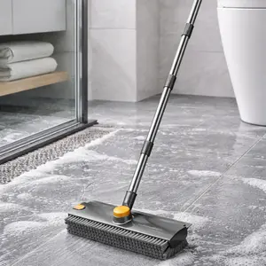 3 in 1 Floor Scrub Brush with Long Handle, TikTok Made Me Buy It Cleaning Tool, Stiff Bristle Scrubber + Silicone Squeegee + Hair Remover Clip, 360° Rotating Bathroom Cleaning Brush for Tile, Grout, Shower, Tub, Glass, Wall, Deep Cleaning Home Essentials