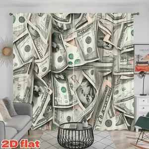 2D Flat 2Pcs Rich Money Bills Printed Curtain Panel Home Textile, Rod Pocket Style, Semi Sunshade Polyester Fiber, Suitable for Home Living Room, Bedroom, Balcony, Kitchen, Study and Shower Window Decoration, Christmas Gift, Anti Privacy.