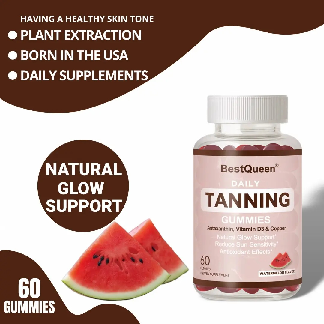 Natural Tanning Support Gummies By BestQueen - Daily Supplements with Astaxanthin, Beta-Carotene, Vitamin C/D2 & Essential Minerals (Zinc, Copper) | Non-GMO, USA-Born | Boost Natural Glow, Reduce Sun Sensitivity, Fight Oxidation