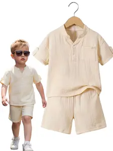 Teen Boys 2 Piece Outfit Summer Casual Stand Collar Short Sleeve Top with Matching Shorts Set Breathable Lightweight