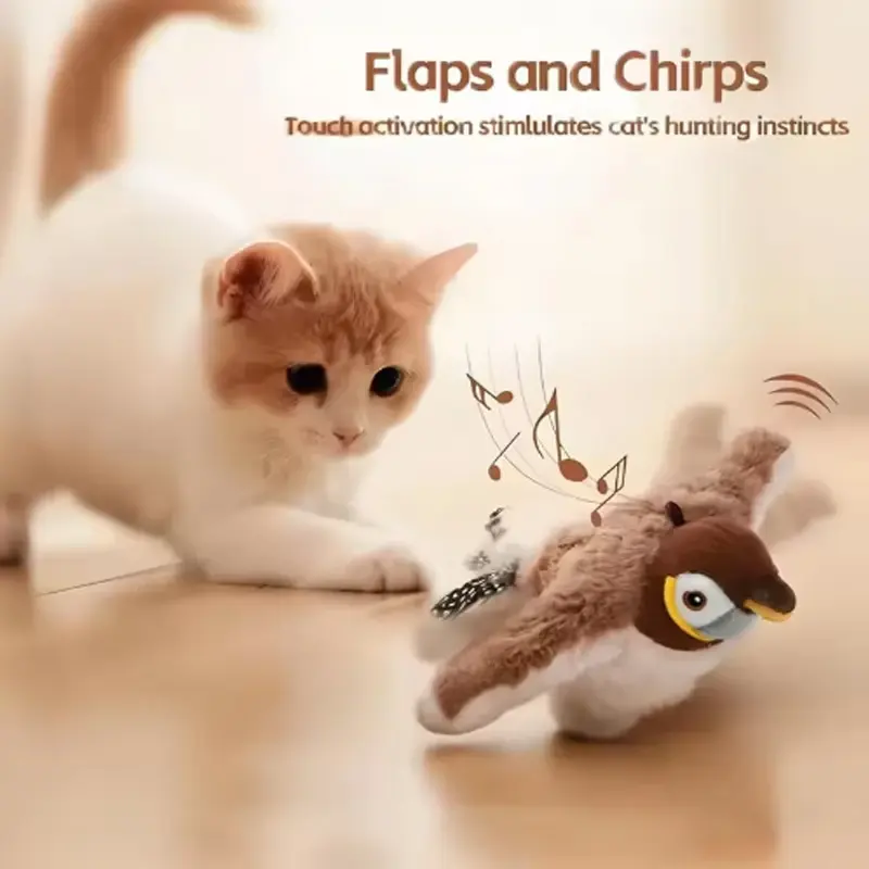 Flapping cat toy Simulated Bird Pet Toy Interactive Toys Dog Rechargeable Chirping Flapping Bird (no Flying) Touch Activated Plush Toy Pet Plush toy Emulates the Sound Bird to Amuse the Cat Elastic Rope to Relieve Boredom and Resist Scratching and Biting
