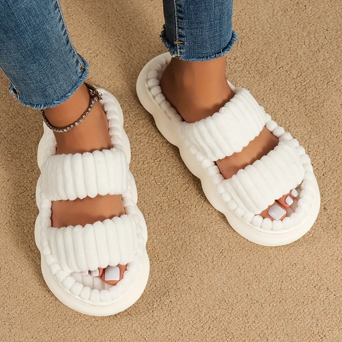 Women's Plush Platform, Two Bands Open Toe Soft Sole Fuzzy Shoes, Comfortable Indoor Floor