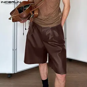 INCERUN * Men's Advanced Front Zip PU Leather Shorts Casual Loose Pleated Pants