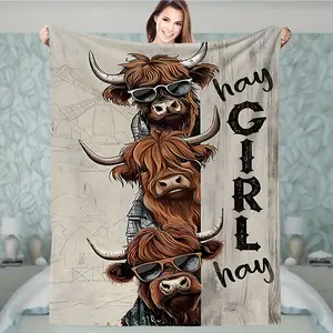 Highland Cow Plaid Flannel Blanket Soft Scottish Cow Print Plaid Pattern 30 Thread Count Cozy Farm Animal Bedspread Warm for All Seasons Traditional Scottish Decor No Cowhide Throw