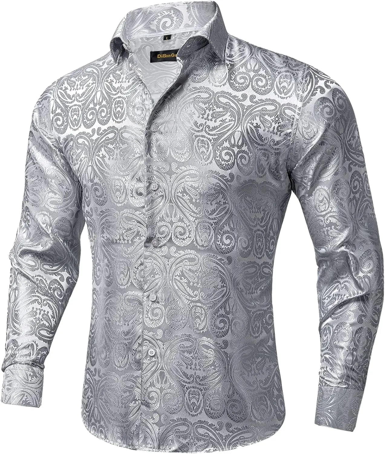 DiBanGu Men's Silk Jacquard Paisley Dress Shirt - Long Sleeve Turn Down Collar Button-Down, Regular Cut, Party Wear Casual Top