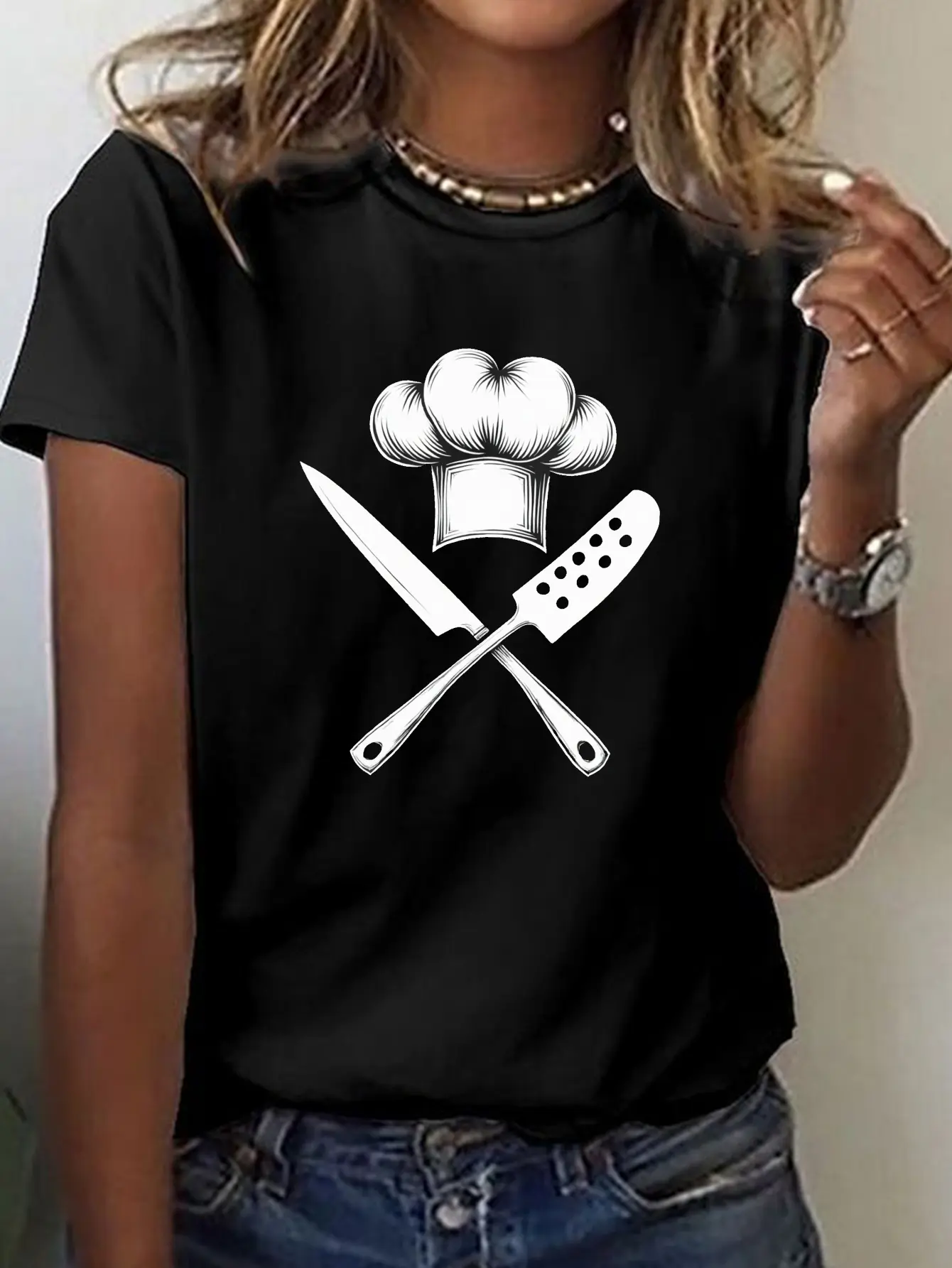 Chef S Hat and Utensils Print T-shirt, Short Sleev unisex soft cotton short sleeve t shirt, vintage graphic casual tee for men women teens, perfect birthday holiday gift for camping travel gym daily street casual wear