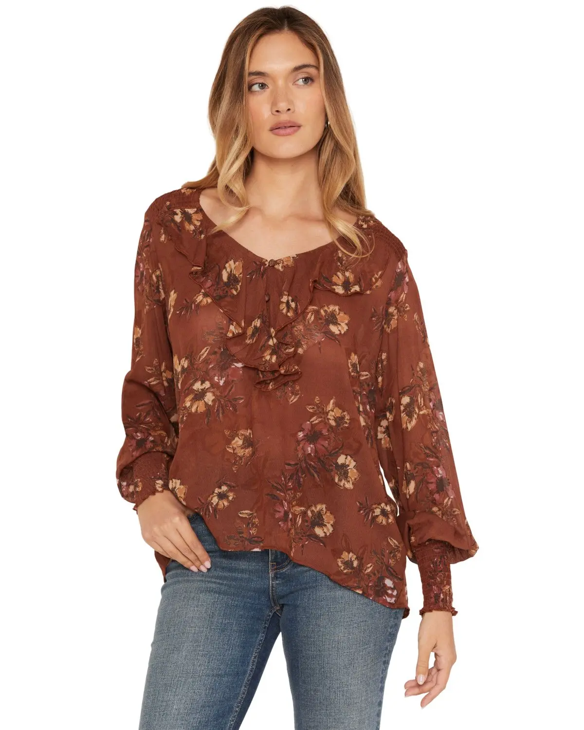 Shyanne Women's Women'S Rollins Floral Print Long Sleeve Ruffle Blouse - Swfa26w4-Brk