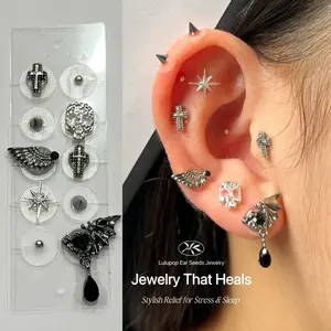 Lulupop Gothic Ear Seeds Jewelry Set – 2 Lil Devil Spikes + Cross + Wing + Skull + Bat | Magnetic Non-Piercing Ear Studs for Stress & Sleep Relief ear seeding patches Punk Earring Look for Women & Men non gothic star Clip-On Ear Seed Earrings