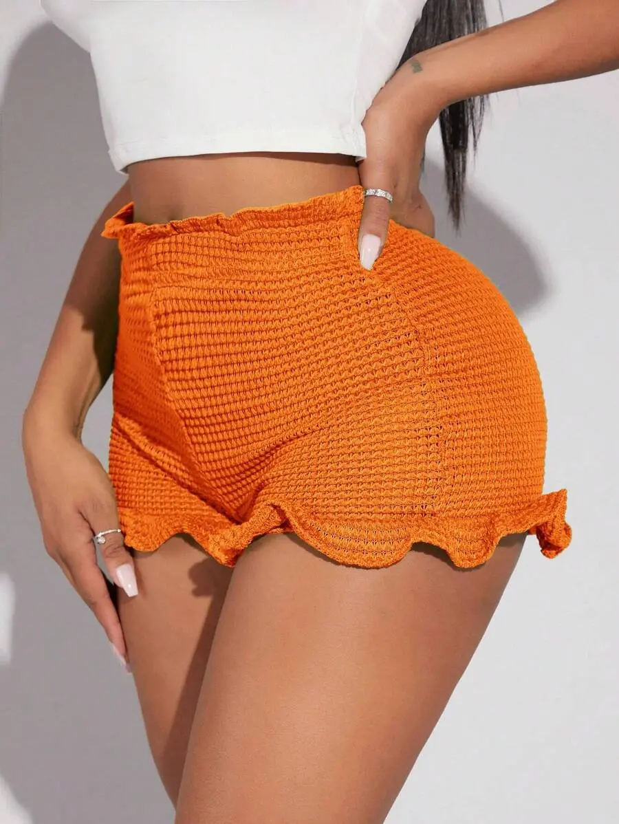 Women's Paperbag Waist Shorts Lettuce Trim Frill Orange Knit Mini Bottom for Beach Vacation