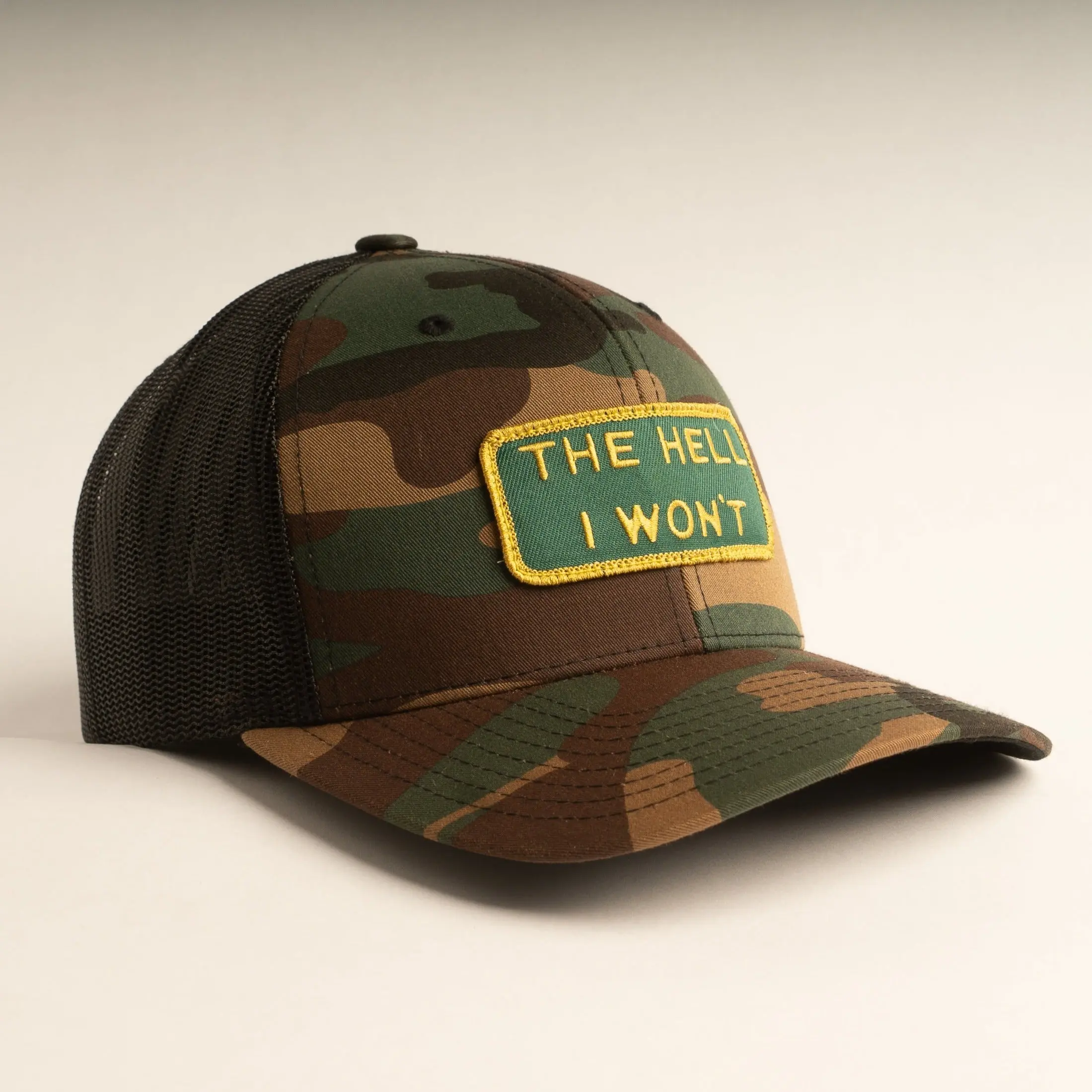 "THE HELL I WON'T" Camo Trucker hat