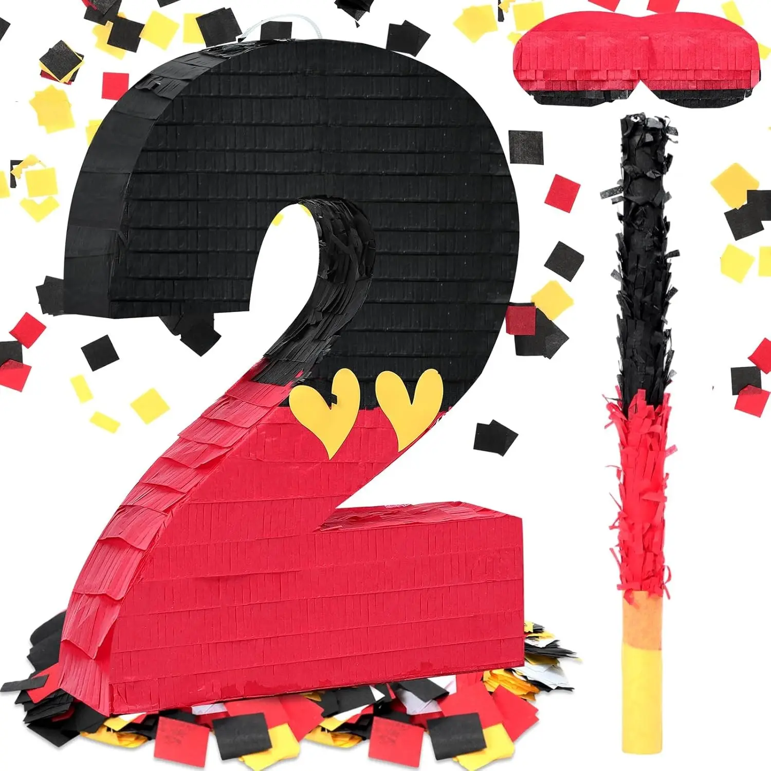 Number 2 Piñata for 2th Birthday Party Decoration Black Red Piñata Supplies for Summer Celebration Boys Girls Fun Yellow Heart Decor with Stick Blindfold Confetti 14.9 x 11 x 2.8 Inches
