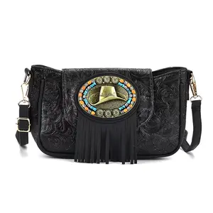 Black Flower Embossed Faux Leather Crossbody Bag with Charming Tassel
