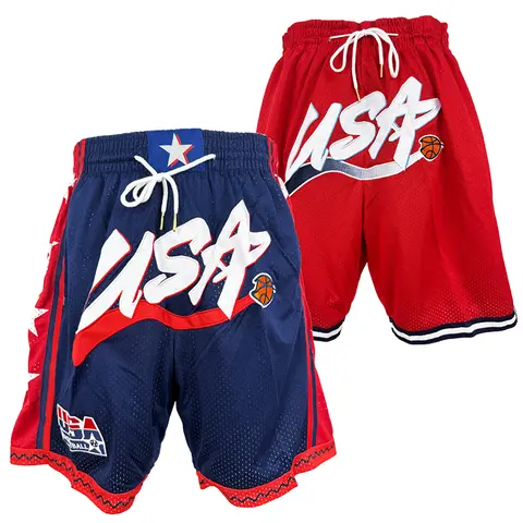 Men's 2024 USA Dream Team Embroidered Cotton Quick-Dry Sports Shorts - 4-Pocket Loose-Fit Multi-Size Athletic Shorts for Court Training, Big-Size Blue Red Beach Pants (Wholesale & Retail Available)