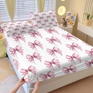 Sweet Bow Print Fitted Sheet Set and 2 Coreless Pillowcases, White and Watercolor Texture Pink Bow Pattern, Soft Anti-Slip Wrinkle-Resistant, Gentle Princess Style Bedroom Decor, Gift Choice