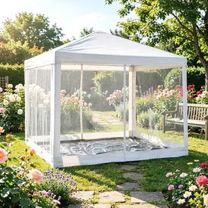 10x10 FT Pop Up Canopy Tent with Mesh Sidewalls - Waterproof White Party Gazebo for Camping & Backyard Events
