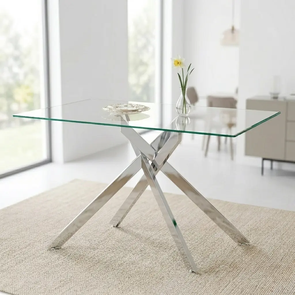 51.18" Rectangular Tempered Glass Dining Table for 4, Center Table with 8mm Clear Tempered Glass Top & Silver Chrome Metal Legs with Adjustable Leveling Feet, Modern Kitchen Table for Dining Room, Apartment & Living Room (Table Only)