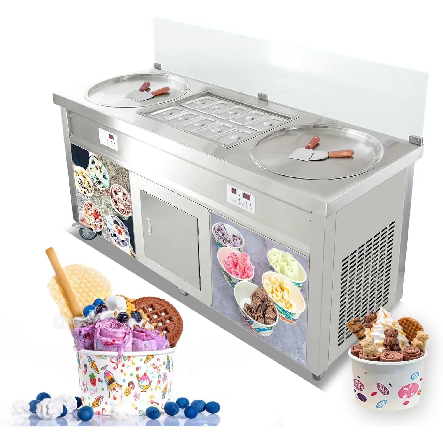 Kolice Commercial 22" Double Round Pans Thai Fried Ice Cream Machine Roll Ice Cream Machine-ETL NSF,Smart AI Temperature Control, Full Transparent Sneeze Guard,10 Refrigerated Small Buckets