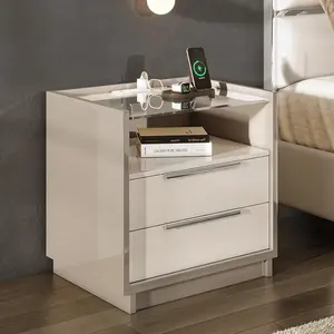 AMERLIFE 23.6" High Gloss End Table with Glass Tabletop, Modern Bedside Table with Charging Station, 2 Drawers Nightstand for Bedroom