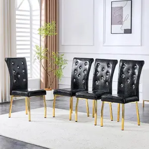 【Bellemave】Set of 4,Retro alligator skin Upholstered dining chairs,with Crystal buckle design and Faux Leather design,a touch of elegance and mystery to the dining area.Gold plated metal feet Soft Cushioned Stool