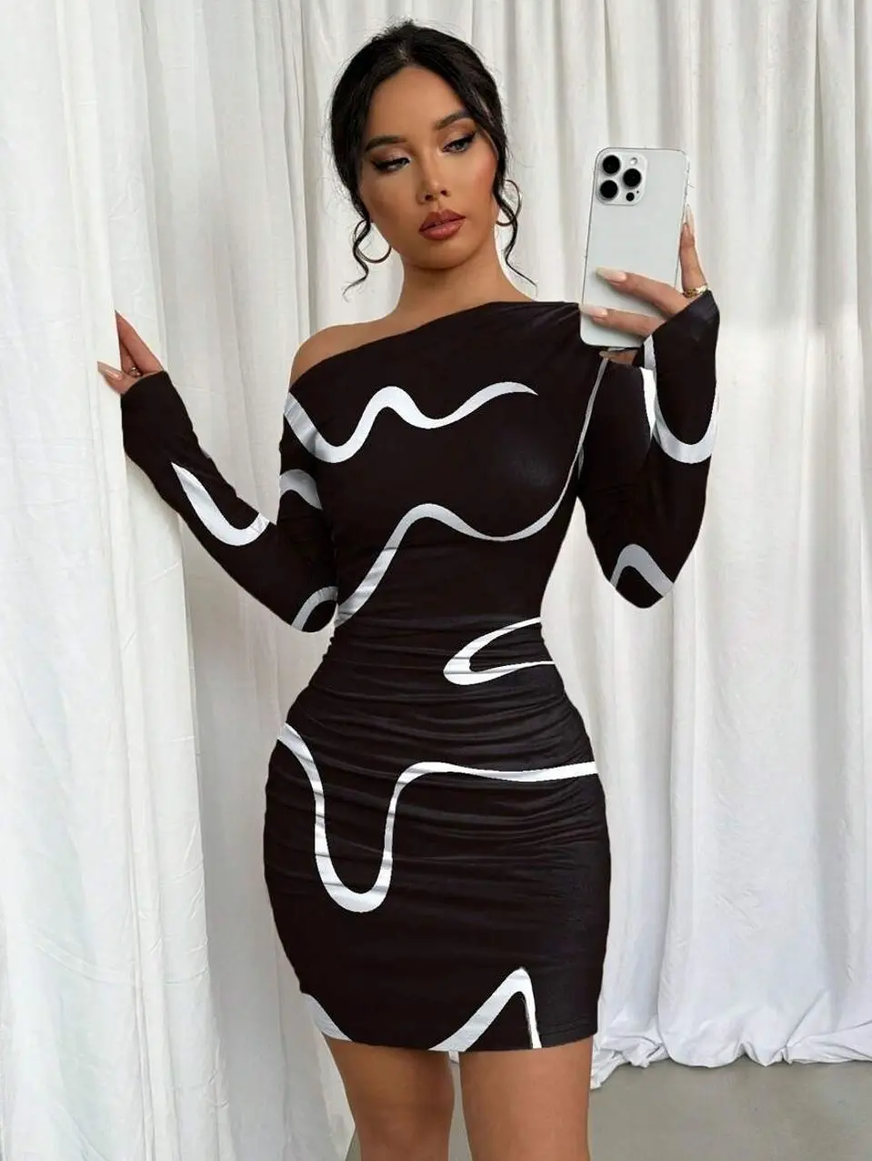 Graffiti Print Asymmetric Ruched Long Sleeve Dress - Chic Fall Fashion & Party Outfit