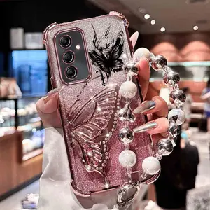 A36 Elegant PC Fashion Strap Lanyard Phone Holder Protective Case For Compatible With Samsung Galaxy A36 5G Gothic Black Butterfly Stand Cover Accessories