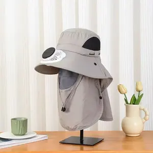 Men's fishing hat with solar-powered fan and face shield, large brim sun protection hat for outdoor travel