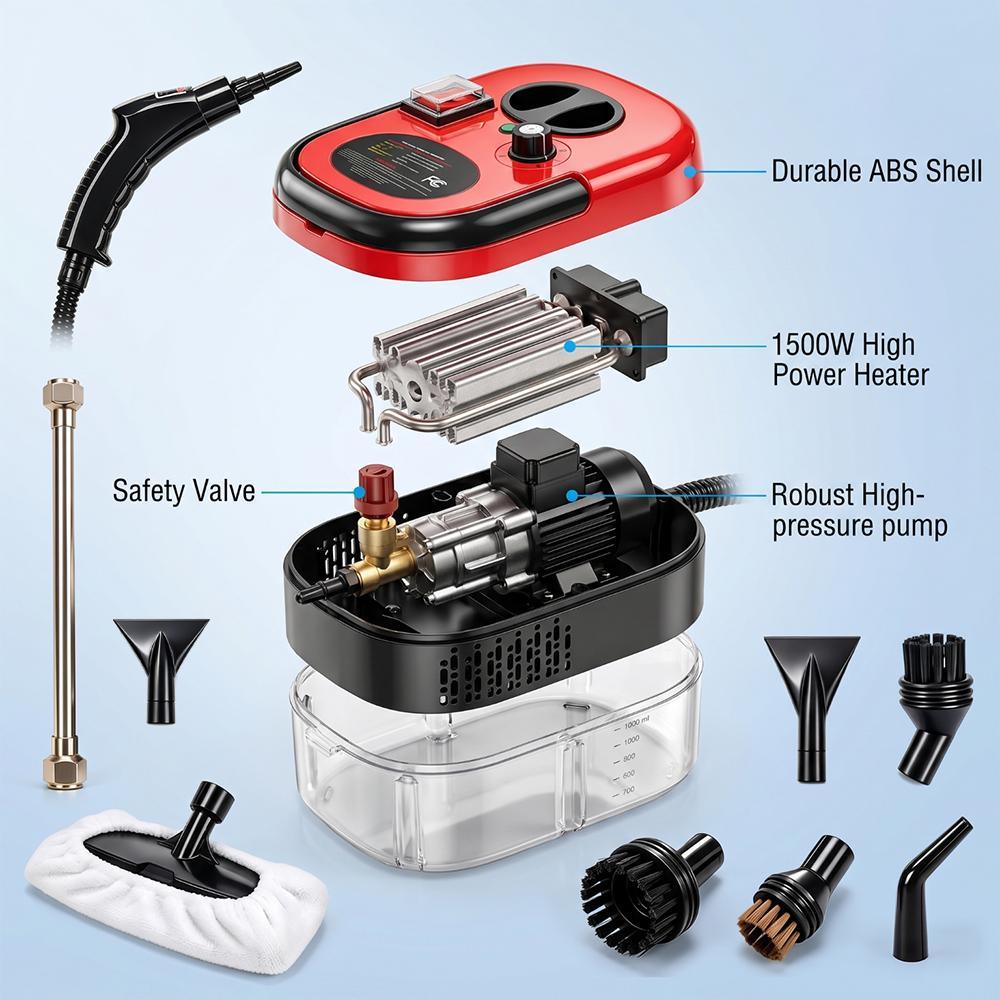 【BackToSchool】 Handheld Steam Cleaner - 2500W Power, 3BAR High-Temperature Pressurized, ABS Plastic Compact Form, Multi-Purpose Deep Clean Tool with Multiple Brush Heads for Grease/Dirt Removal, Ideal for Kitchen/Bathroom, Home Users 【BackToSchool】 Handheld Steam Cleaner - 2500W Power, 3BAR High-Temperature Pressurized, ABS Plastic Compact Form, Multi-Purpose Deep Clean Tool with Multiple Brush Heads for Grease/Dirt Removal, Ideal for Kitchen/Bathroom, Home Users