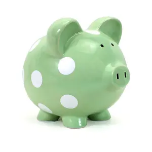 Ceramic Polka Dot Piggy Bank, Green Decor Pink Ornaments