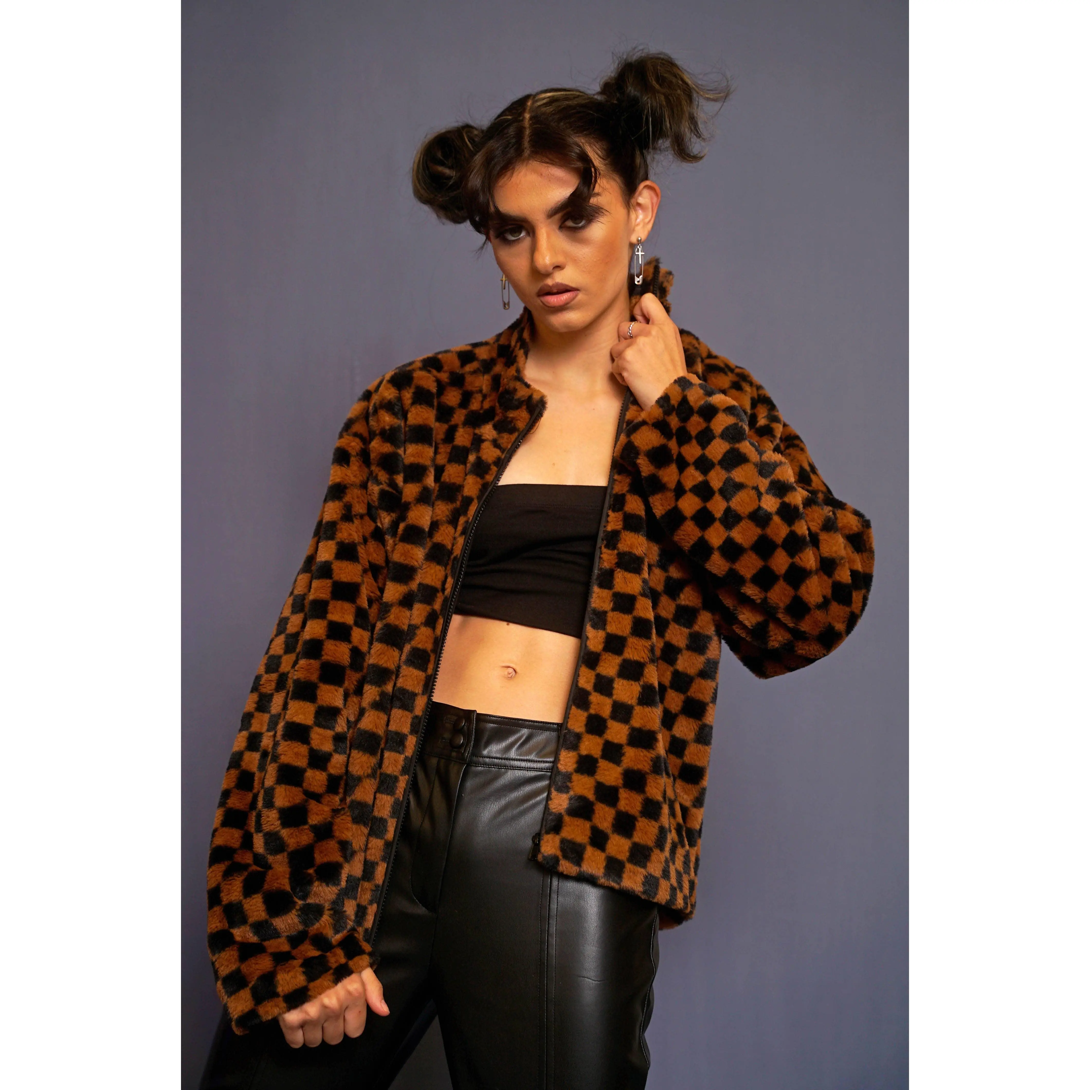 Fuzzy Checkerboard Jacket - Fitted Long Sleeve Drop Shoulder Casual Fall Medium Length 100% Polyester