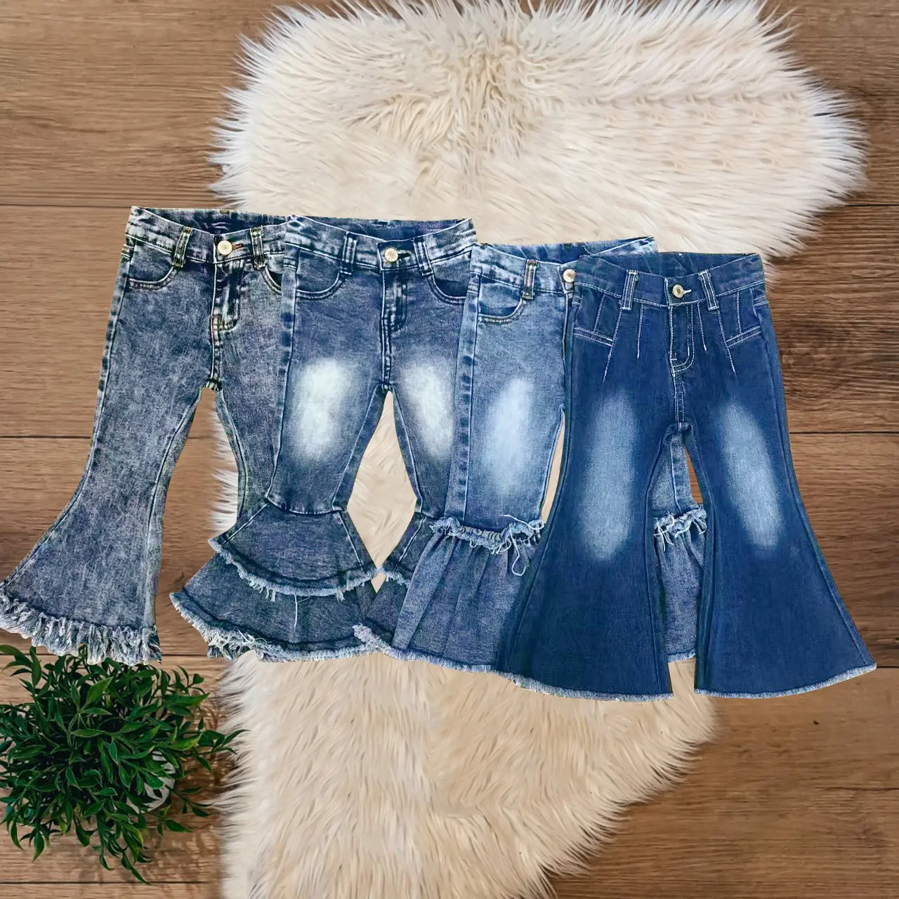 Girls' Flared Leg Jeans - Blue Bell Bottom Denim Pants with Adjustable Waist, Trendy Cozy Kids' Fashion Bottoms