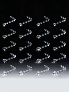 20pcs Clear Plastic Nose Studs - L-Shaped & S-Shaped Nose Rings, Ball Top Nose Piercing Jewelry, Flexible Bone Retainer, Body Piercing Jewelry