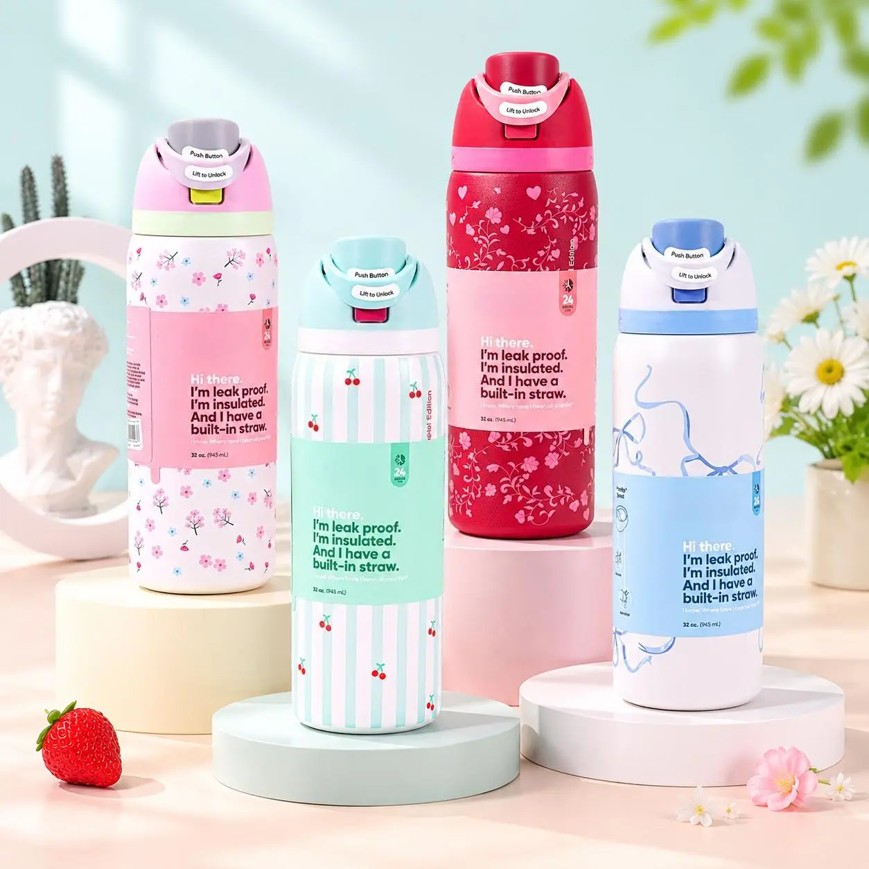 Special Edition Insulated Stainless Steel Water Bottle with Straw, BPA-Free Sports Water Bottle, Great for Travel, 32 Oz, Blue Bow, Pillow Fight, Pink Bow